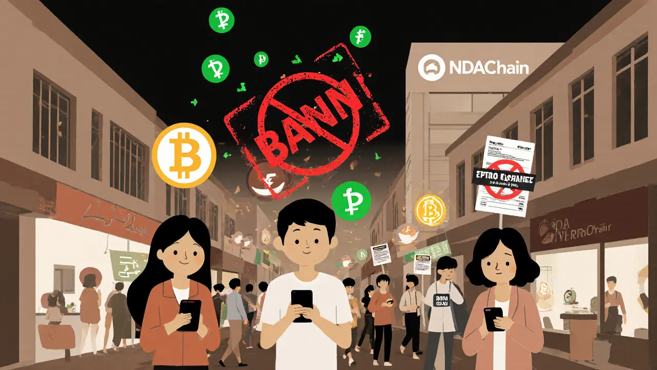 Street scene with P2P crypto trades happening, but payments banned at shops.