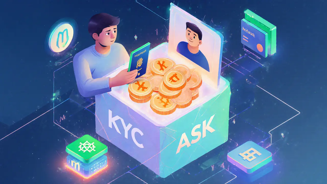 User uploading ID to a geometric KYC cube as tokens unlock into a digital wallet