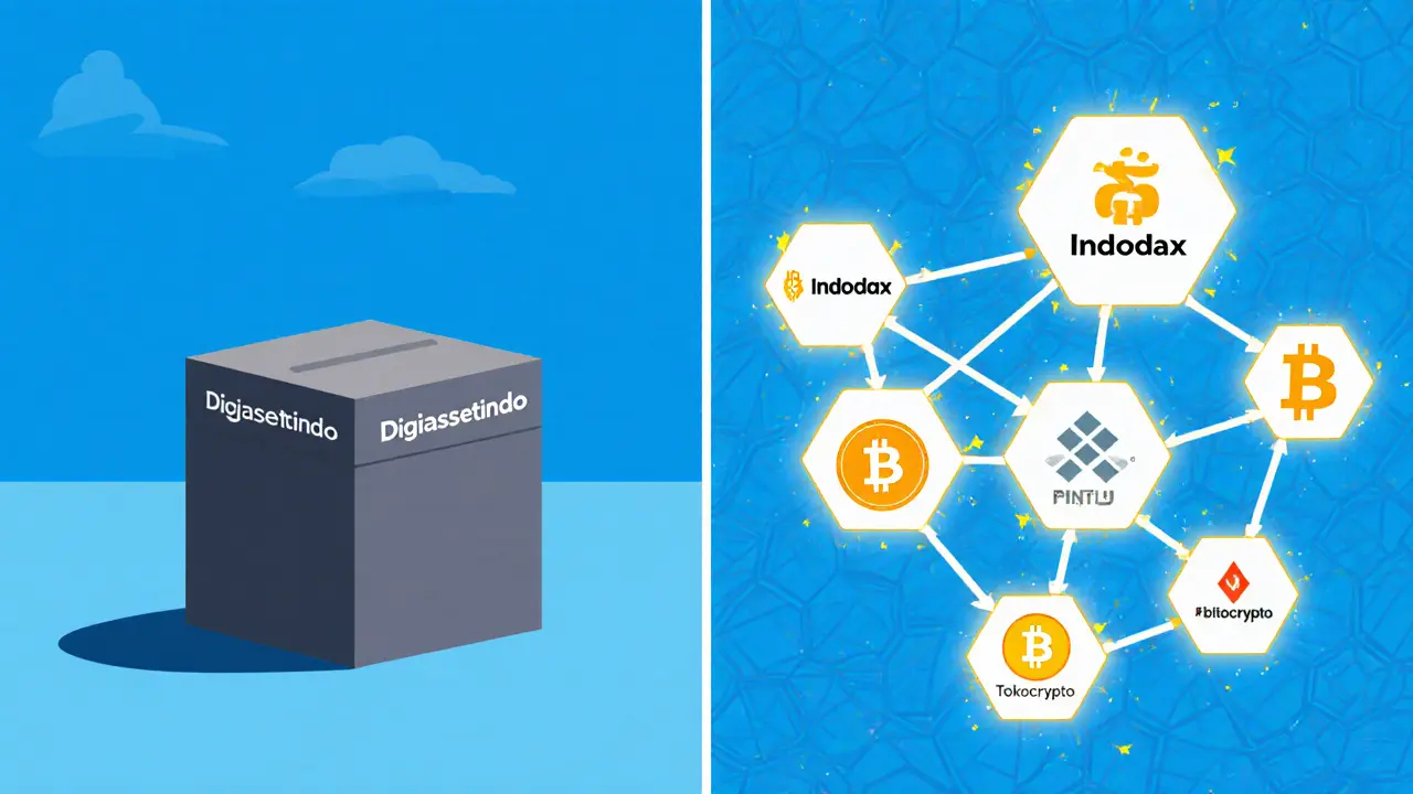 A contrast between an isolated unlicensed exchange and a connected network of licensed ones with flowing crypto assets.
