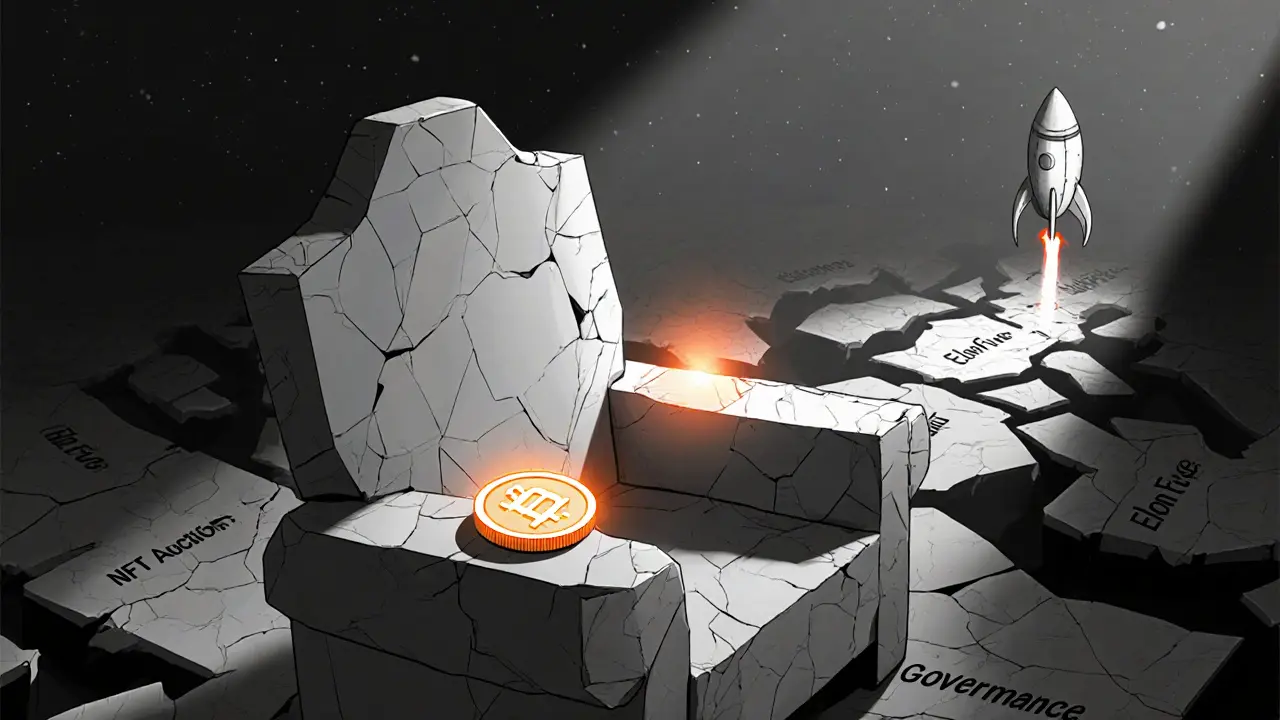 An abandoned DAO throne with a lone EDAO token in geometric cartoon style