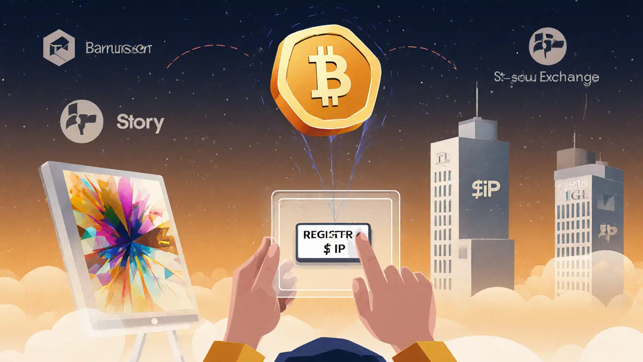 Artist registering art as a blockchain token with automatic payment triggered.