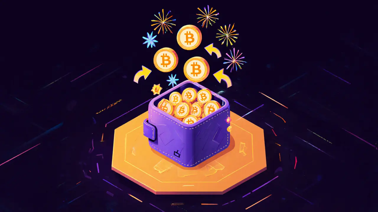 Hexagonal wallet releasing Bitcoin rain over $BTCBULL token holders with staking and burn effects at 0K milestone.