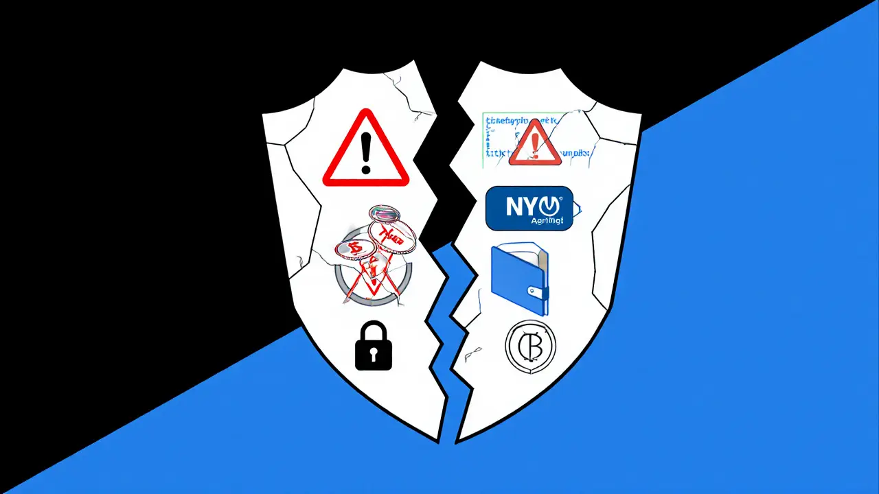 Privacy shield cracked open to reveal NYM tokens, with scam symbols on one side and verified channels on the other.