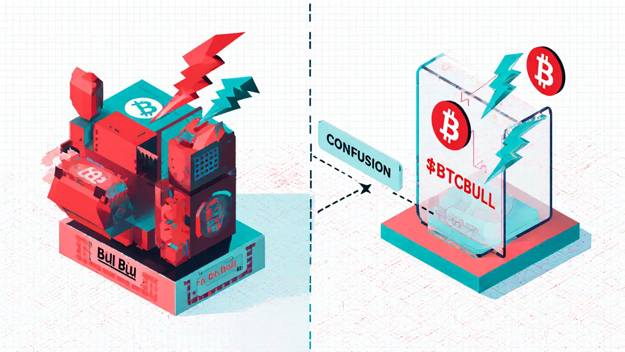 Split geometric scene comparing Bull BTC Club&#039;s NFT mining rig with BTC Bull Token&#039;s smart contract price triggers.