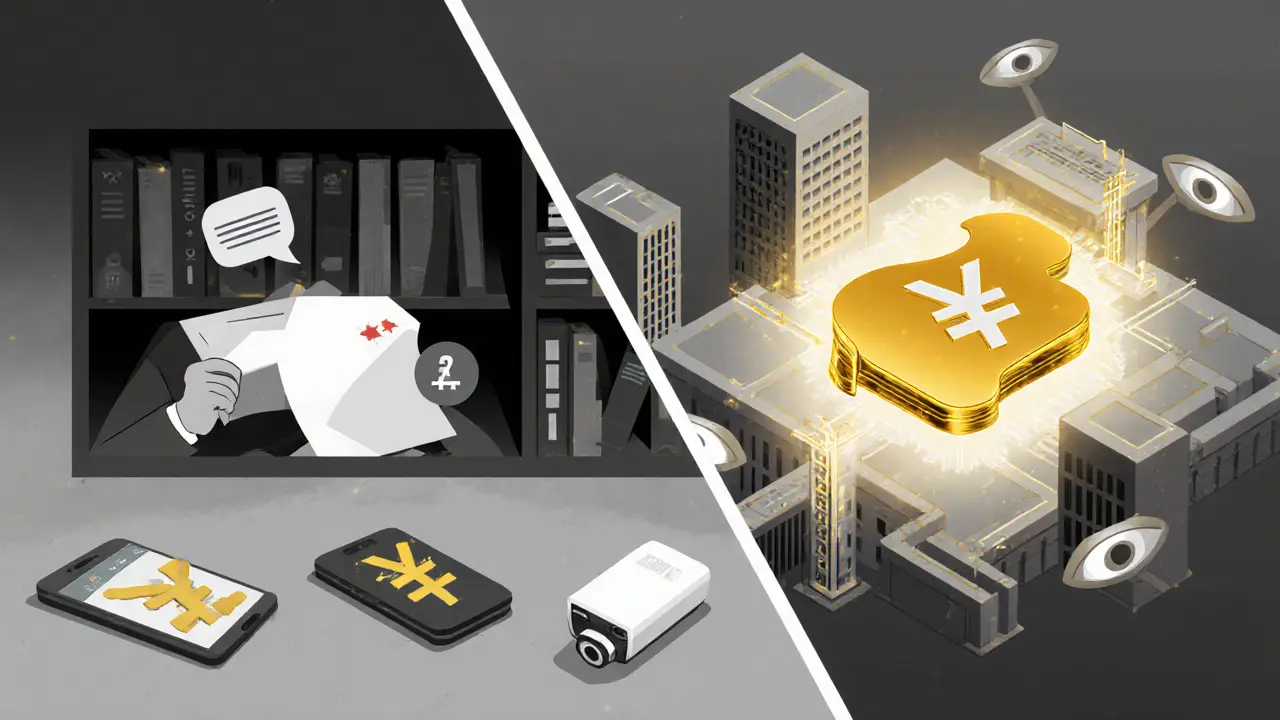 Split scene: hidden paper wallet vs. state-controlled digital yuan payments in a geometric style.