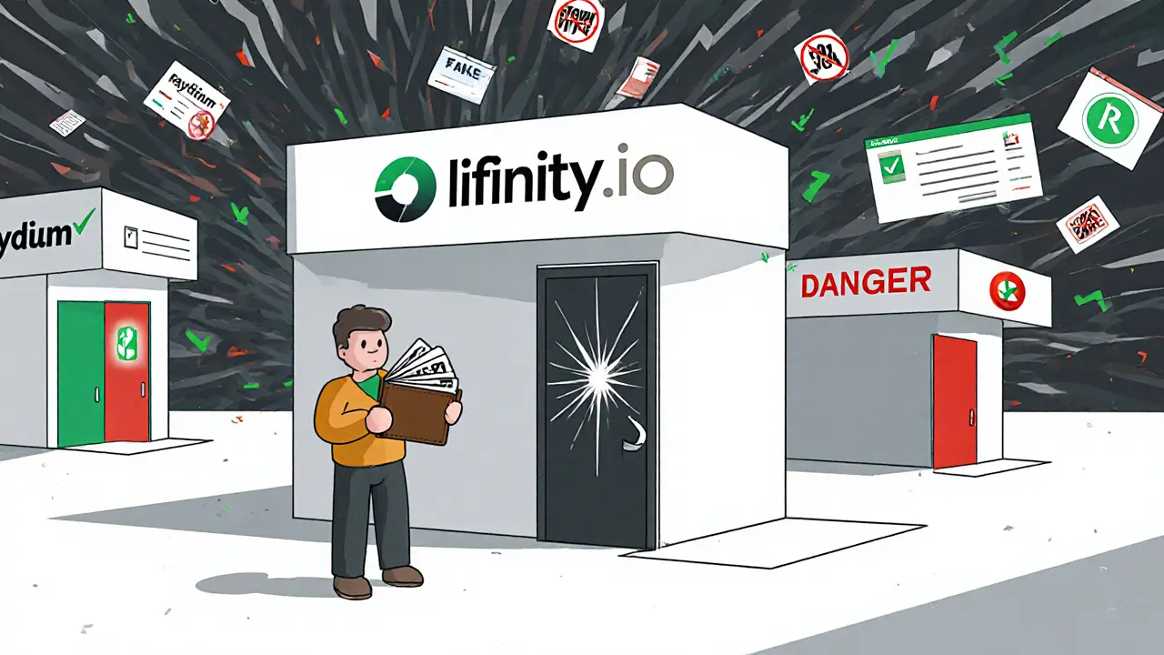 Trader hesitating at Lifinity&#039;s entrance while phishing scams swirl behind, contrasted with trusted DEXs ahead.
