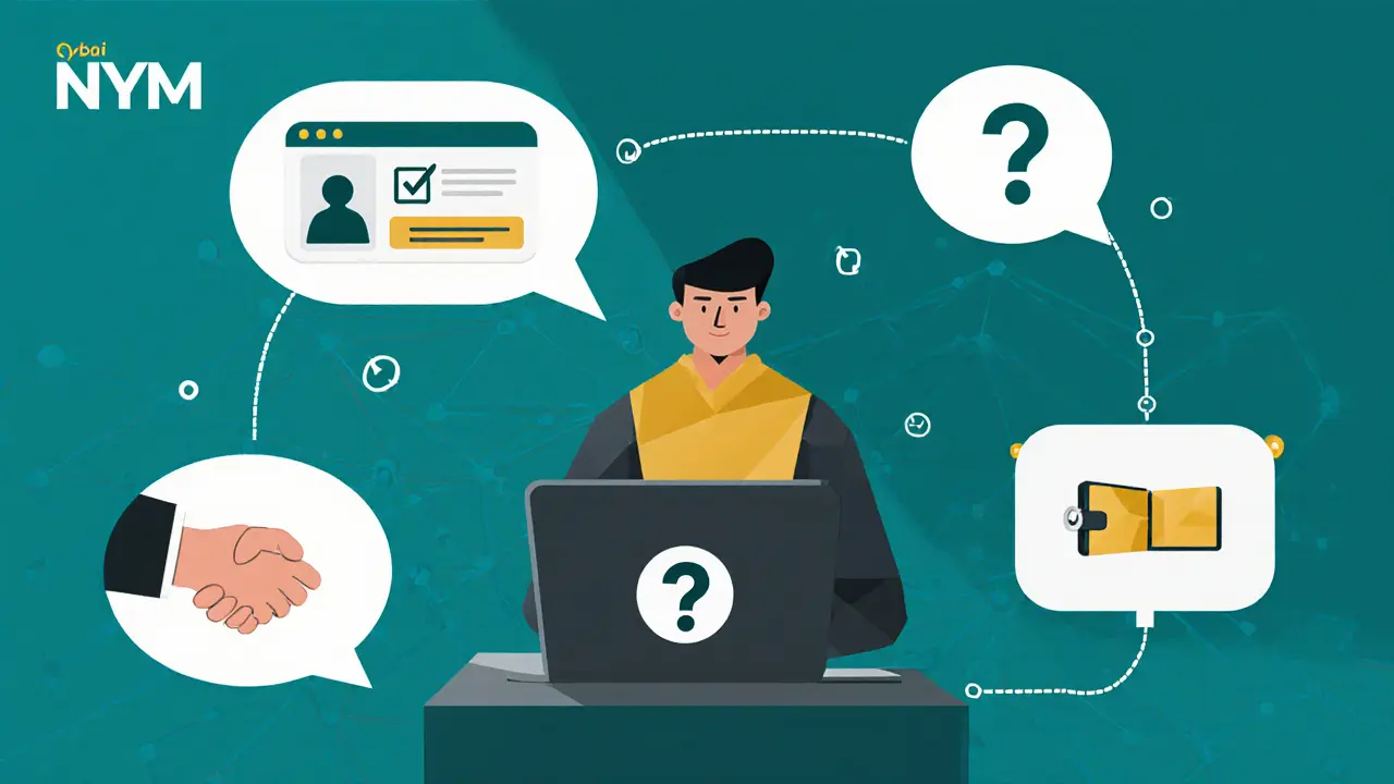 User completing Bybit NYM airdrop tasks with simplified geometric icons for verification, wallet, and quiz.