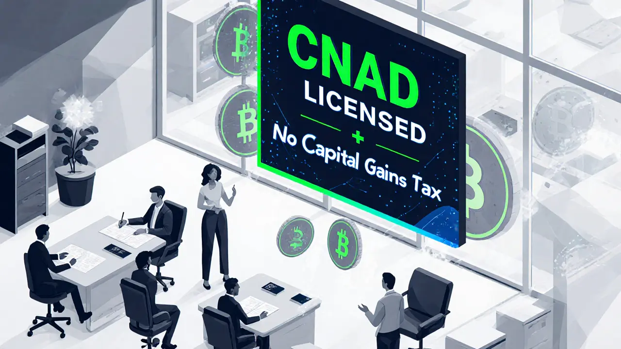 Abstract office scene with international investors signing digital Bitcoin contracts.