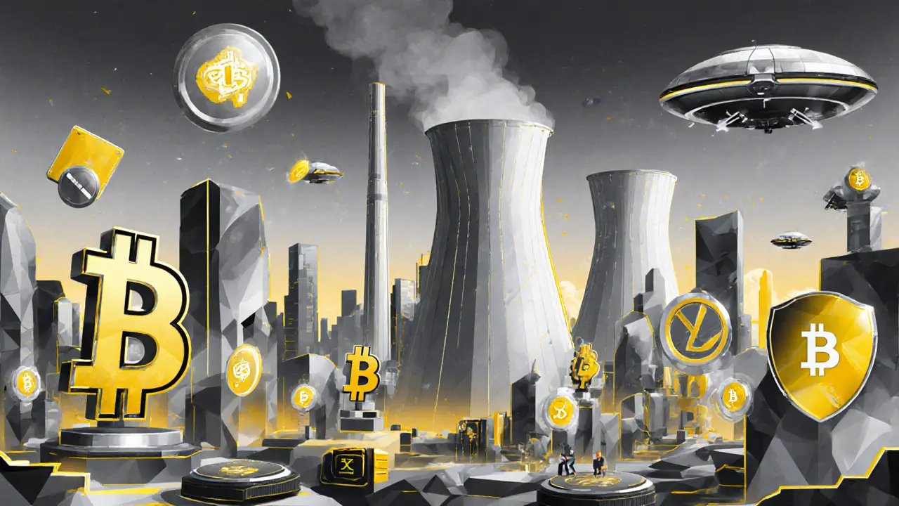 Futuristic Bitcoin City skyline powered by geothermal towers and floating crypto symbols.