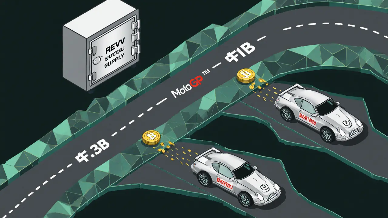 Minimalist racing track with virtual cars earning REVV tokens from a locked supply vault.