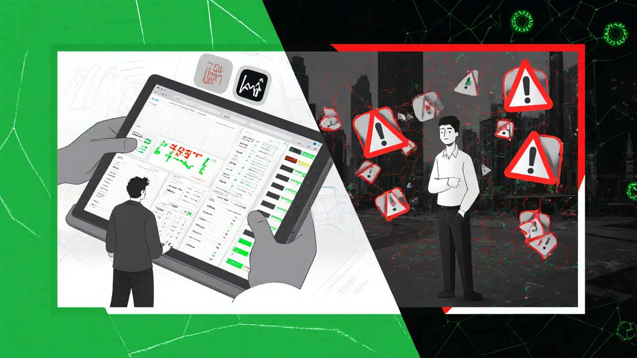 Split scene: experienced trader vs confused newcomer with liquidation alerts and missing iOS app icon.