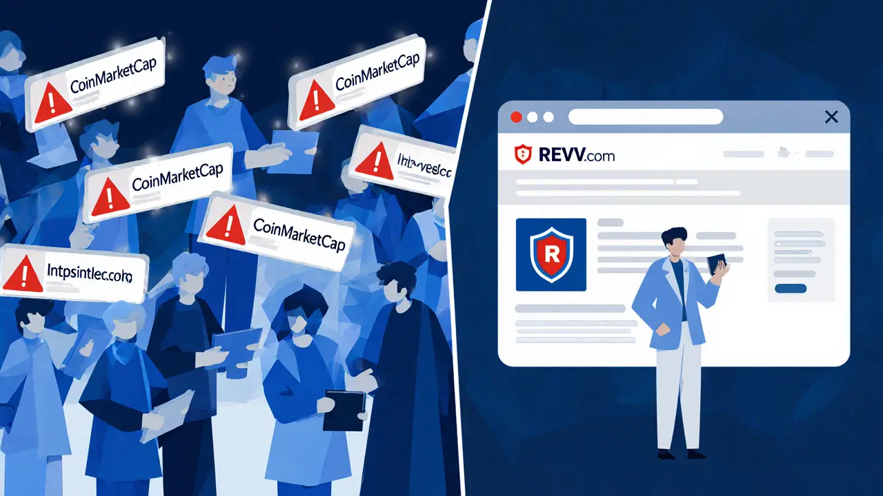 Split scene showing scam links versus official REVV website with wallet protection.