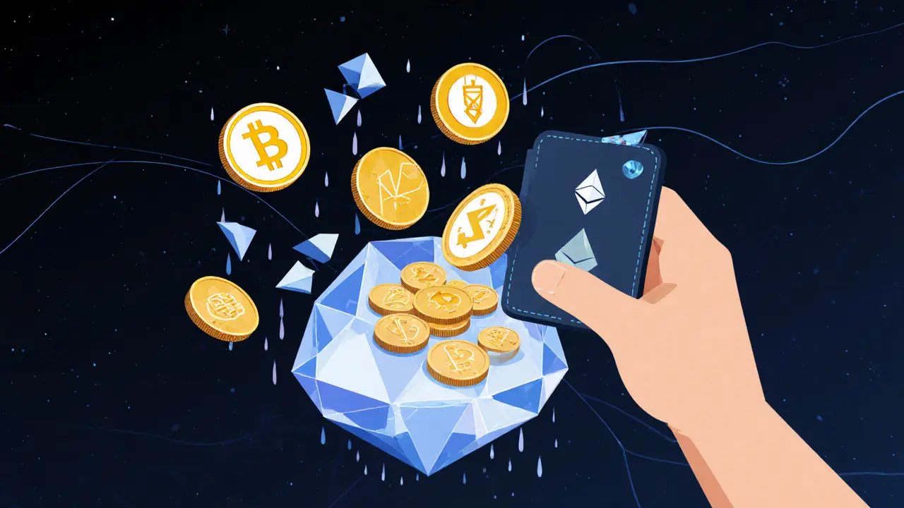 Trader depositing ETH into a crystalline Starknet contract with floating crypto tokens and falling gas fee pennies.