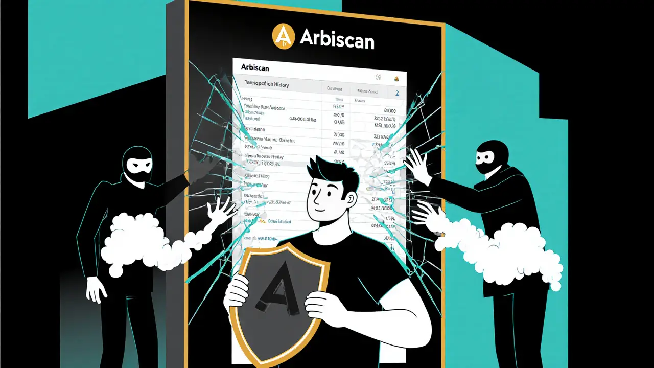 User shielded by hardware wallet, facing scammer figures dissolving into smoke near an Arbiscan wall.