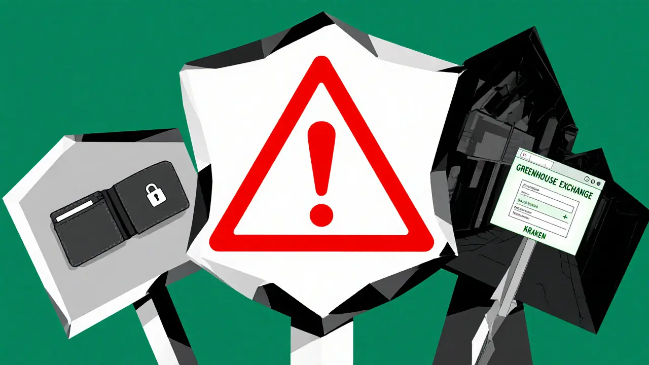 A warning shield splitting into safe crypto paths and a fake exchange alley with red alert symbols.