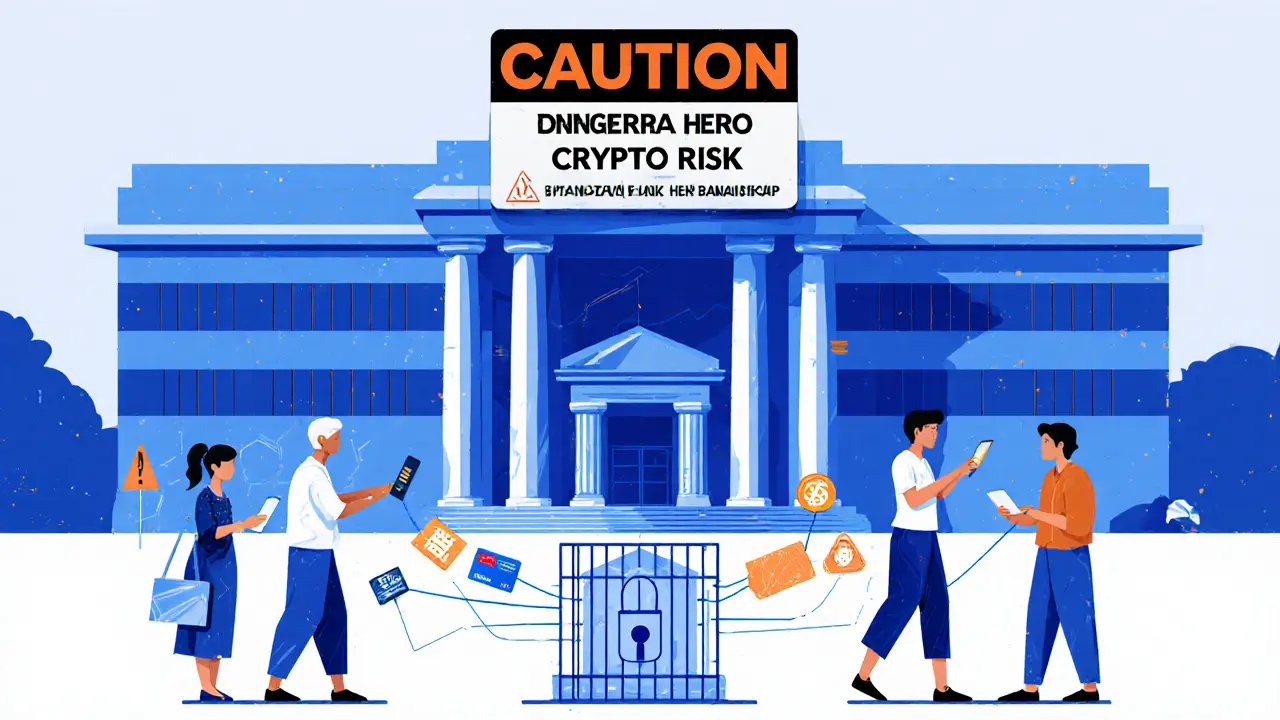 Bangladesh Bank warning sign above people trading crypto using P2P apps and gift cards.