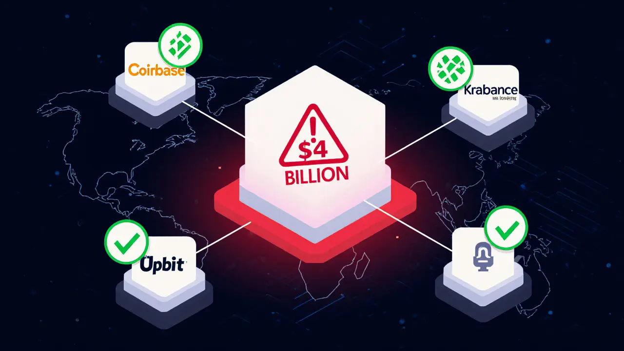 Global crypto network with Upbit glowing red under a B warning sign.