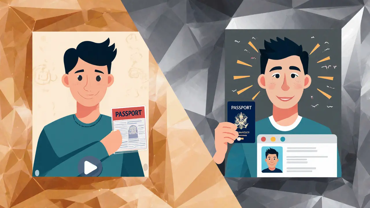 Split scene: blurry ID upload vs live video verification with AI scanning.