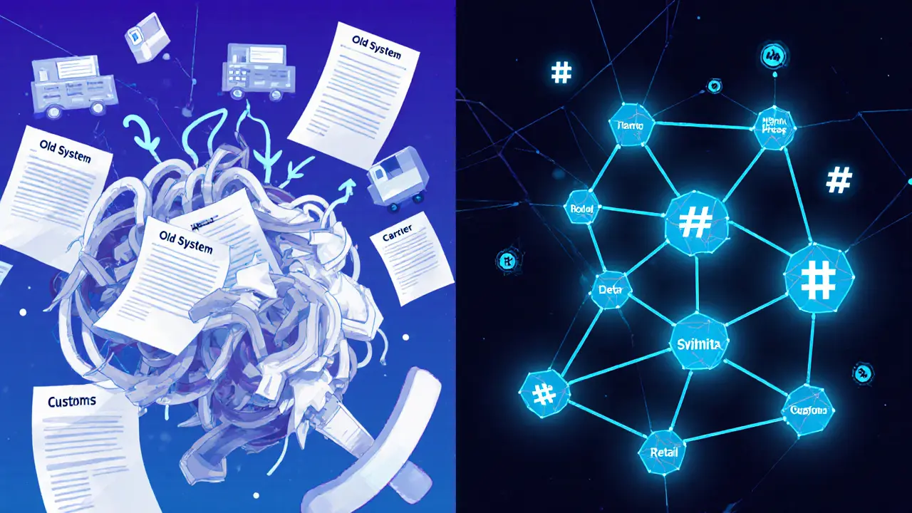 Split-screen comparison: chaotic paper-based supply chain vs. clean digital network with hash symbols.