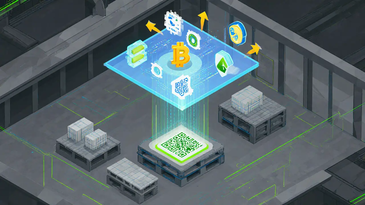 Warehouse with IoT sensors feeding data into a floating blockchain ledger and AI analysis.