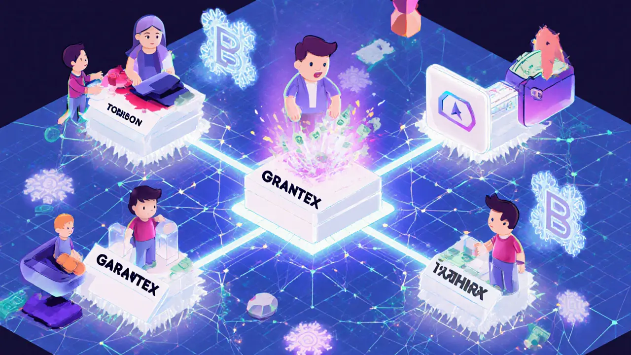 A blockchain network transforming exchange names across continents, with users trading crypto and a frozen wallet dissolving.