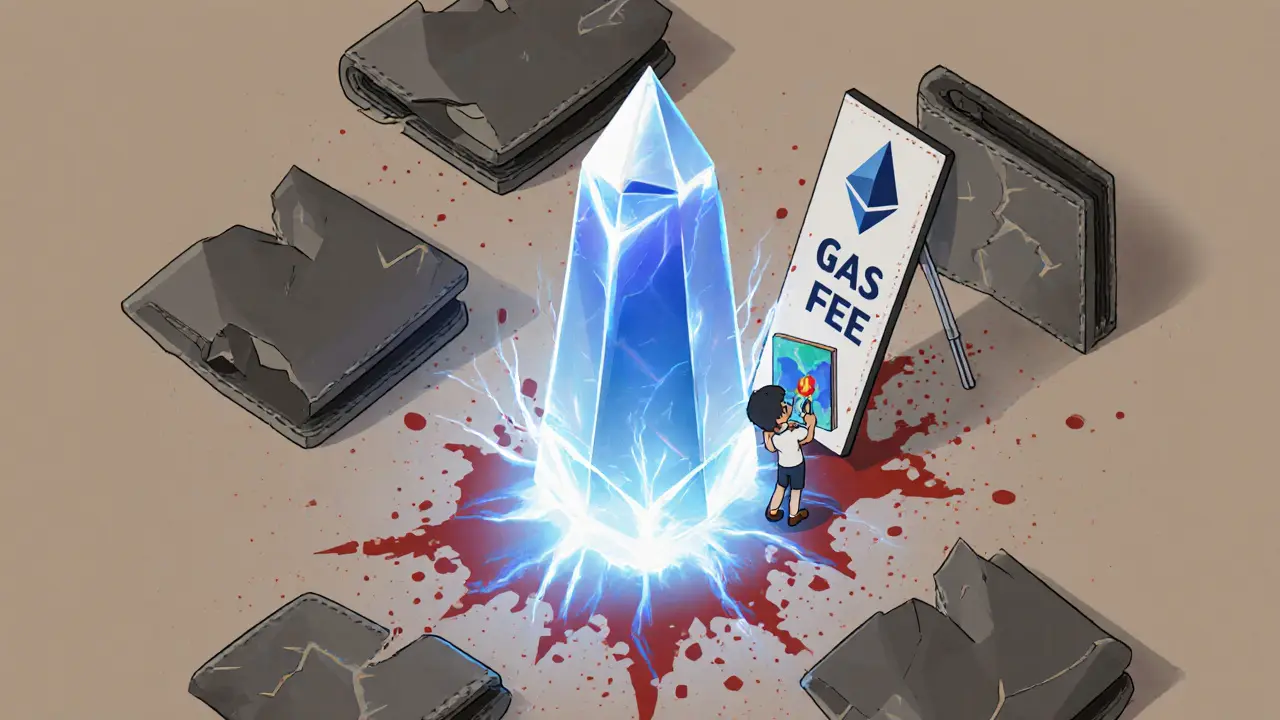 A blockchain tower crushed by gas fees, with leaking wallets and an artist holding a digital painting.