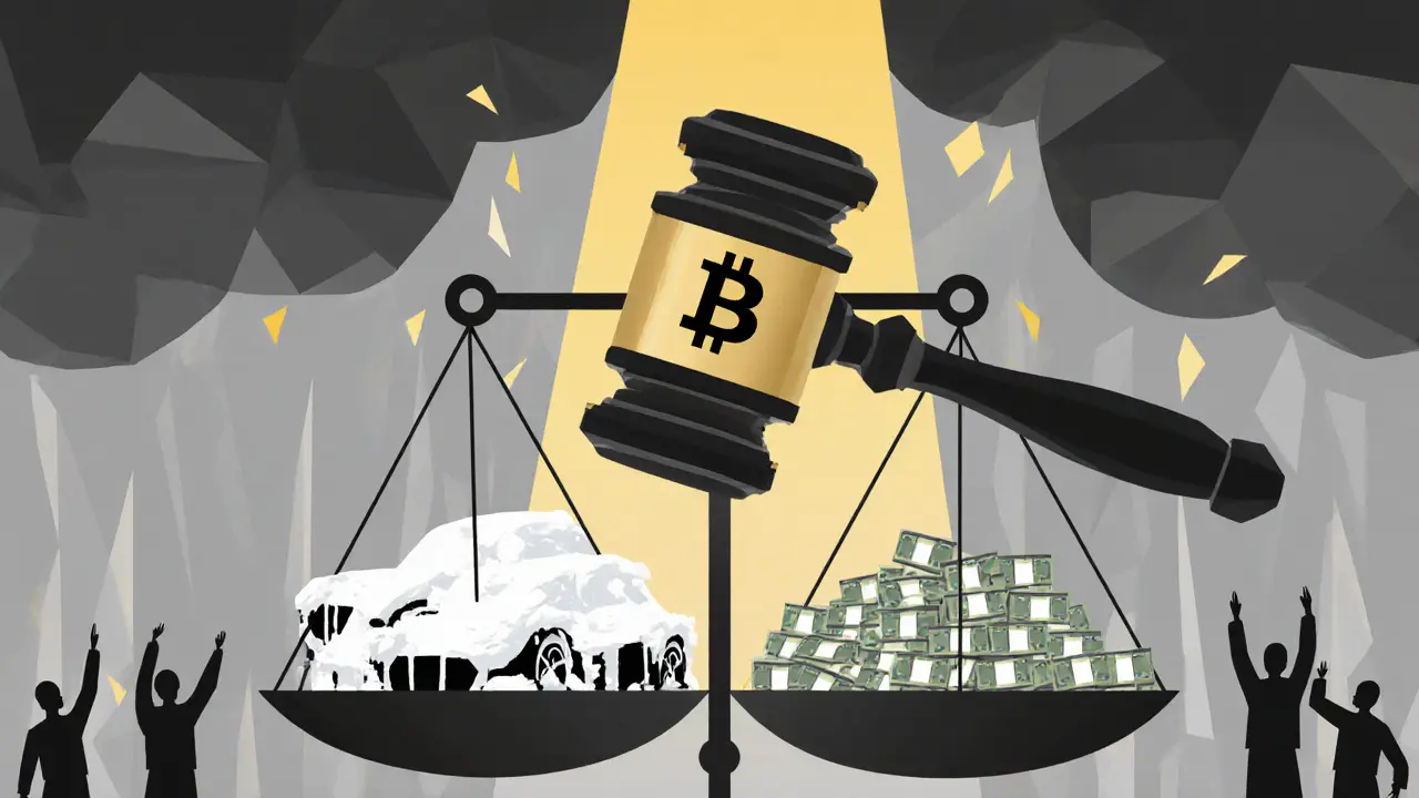 A courtroom scale with frozen assets on one side and empty space on the other, under a blockchain gavel.