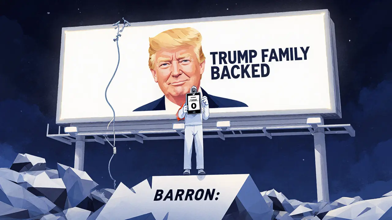 A person on a crumbling platform stares at a BARRON token balance while a fake Trump family billboard looms behind.
