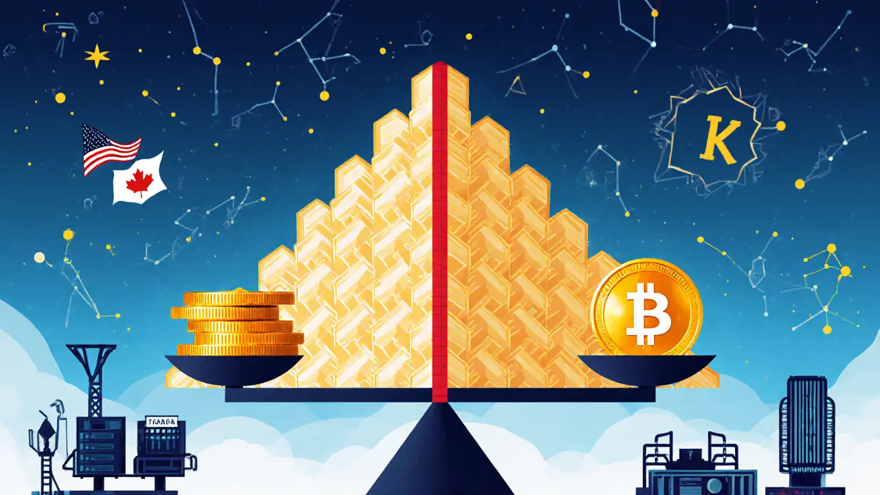 Balance scale with Bitcoin coins vs. hash pyramid, warning line at 51%, mining rigs from multiple countries around it.