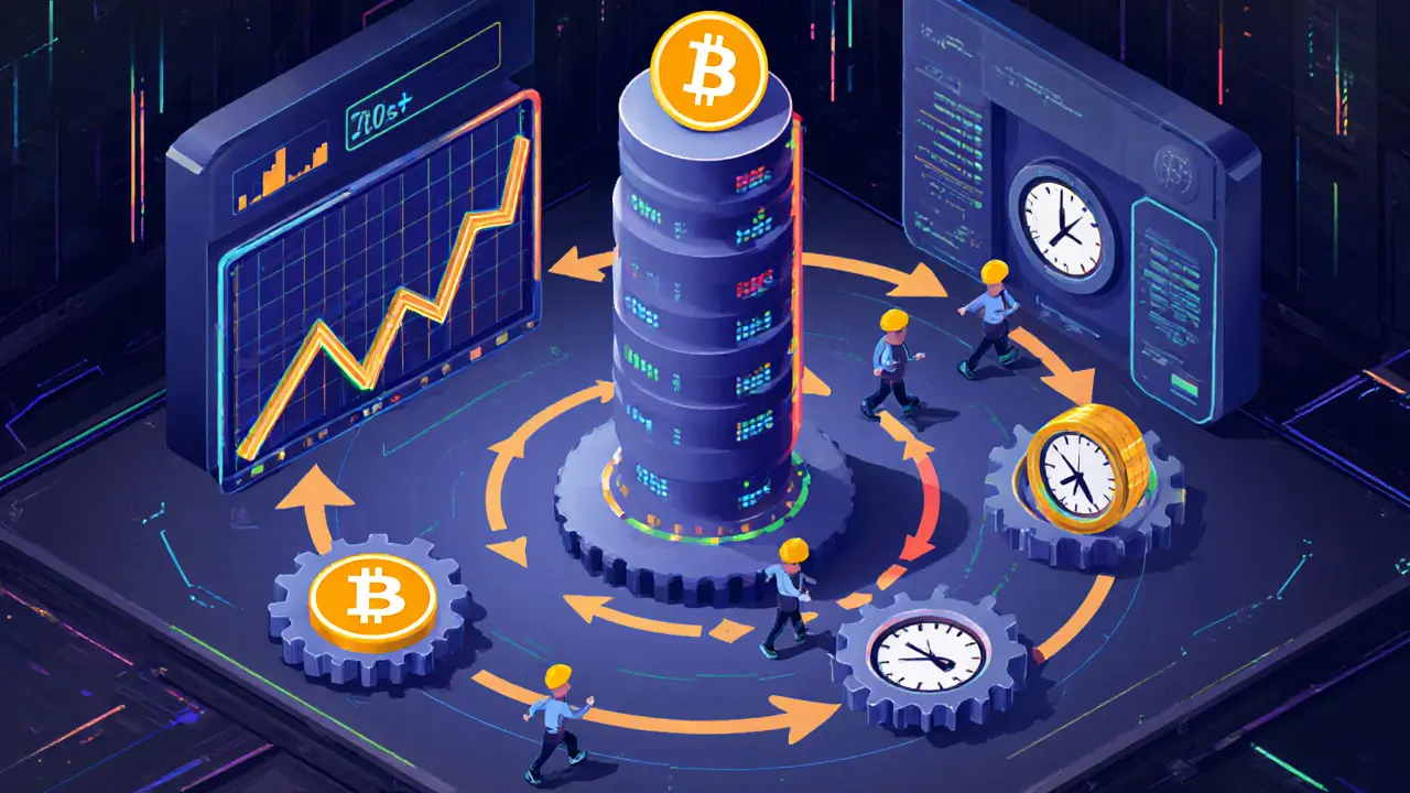 Circular diagram showing Bitcoin price, hash rate, difficulty adjustment, and block time in geometric shapes with glowing arrows.