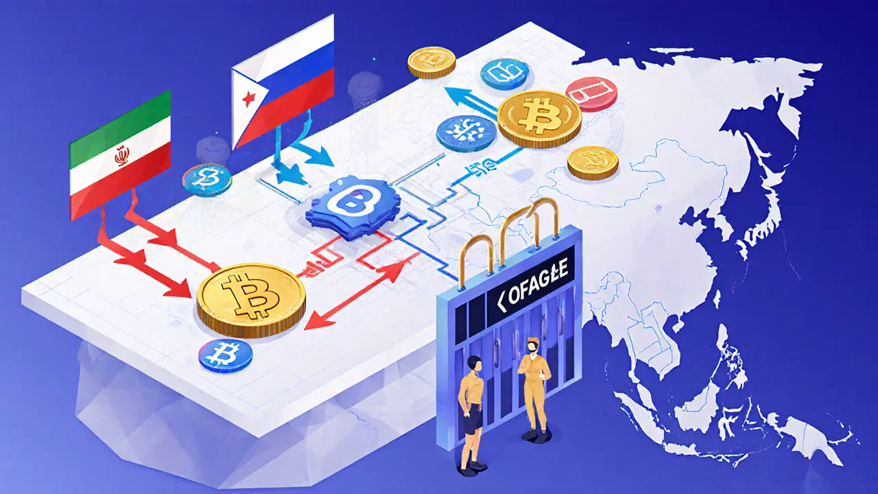 Crypto tokens flowing from sanctioned countries to global hubs, evading a blocked OFAC gate through geometric pathways.