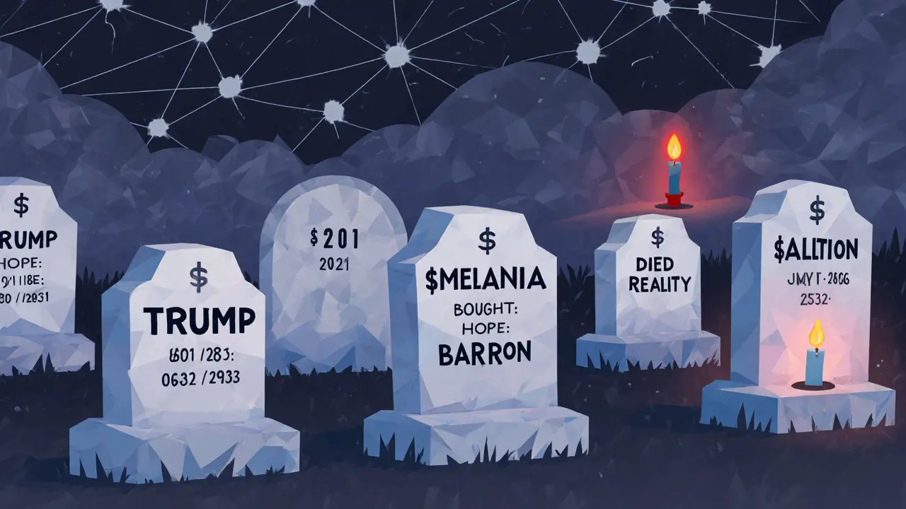 Graveyard of crypto coins with BARRON&#039;s tombstone under a blockchain-shaped storm, a single candle flickering nearby.