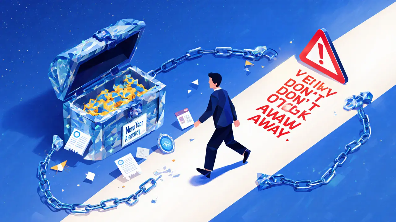 Person walking away from fake airdrop chest toward a safe path marked with caution symbols.