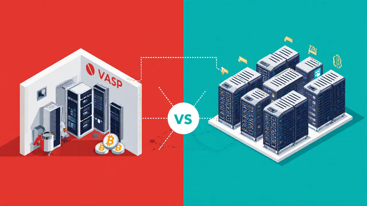 Side-by-side geometric illustrations of home mining vs. large commercial mining operations in Georgia.