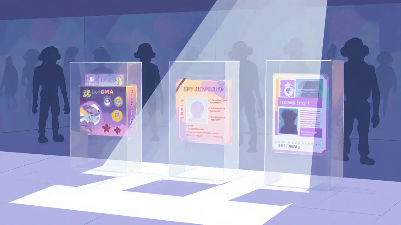 Three utility NFTs displayed peacefully in a quiet digital gallery, faded hype behind them.