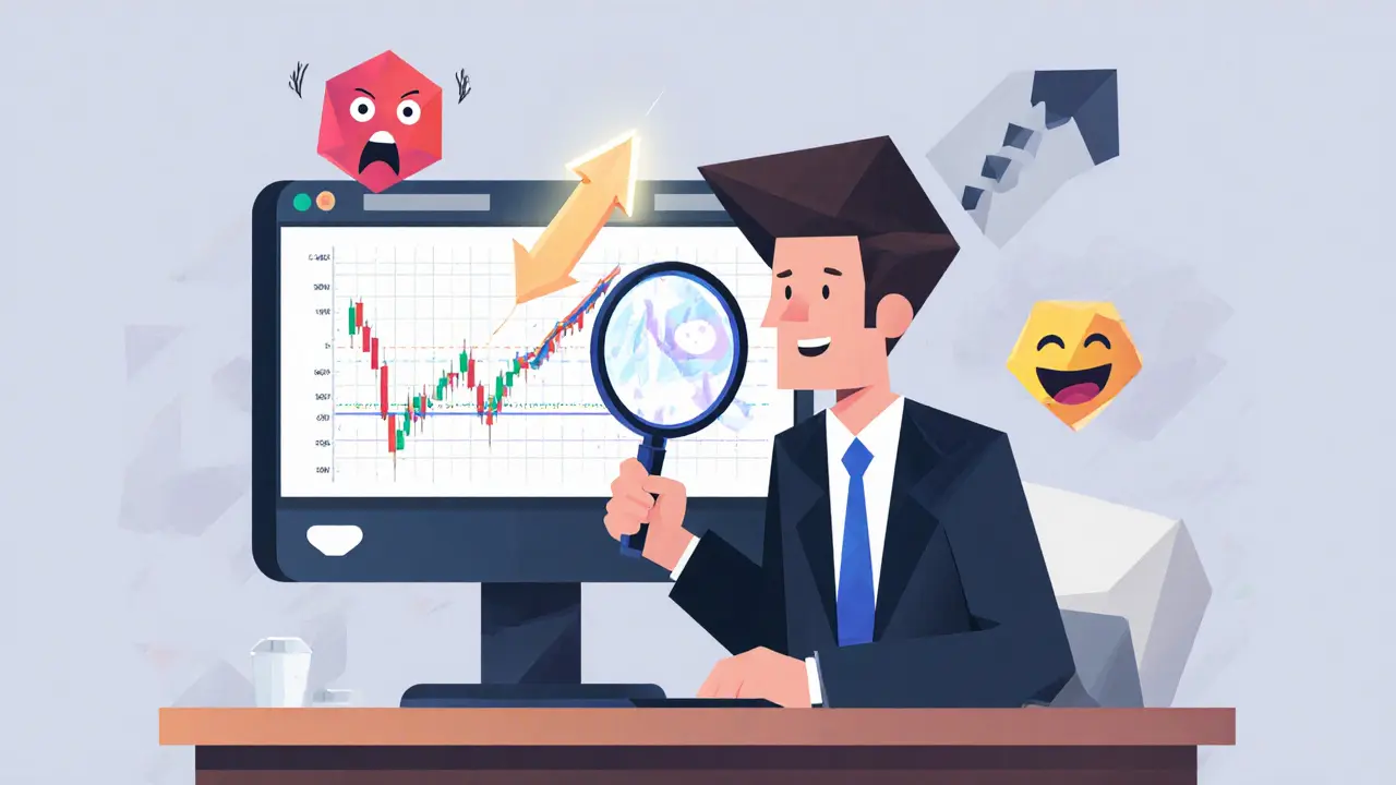 Trader examining a Doji candlestick and contracting Bollinger Bands with fear and greed icons nearby.