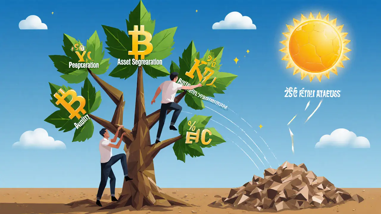 Tree with blockchain leaves growing from FSC regulations, symbolizing compliant crypto growth in Taiwan.