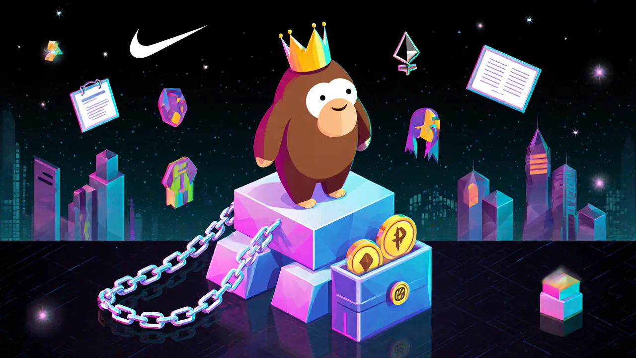 A Bored Ape NFT with ERC-6551 chains holds other assets, standing on gas-saving blocks in a futuristic digital economy.