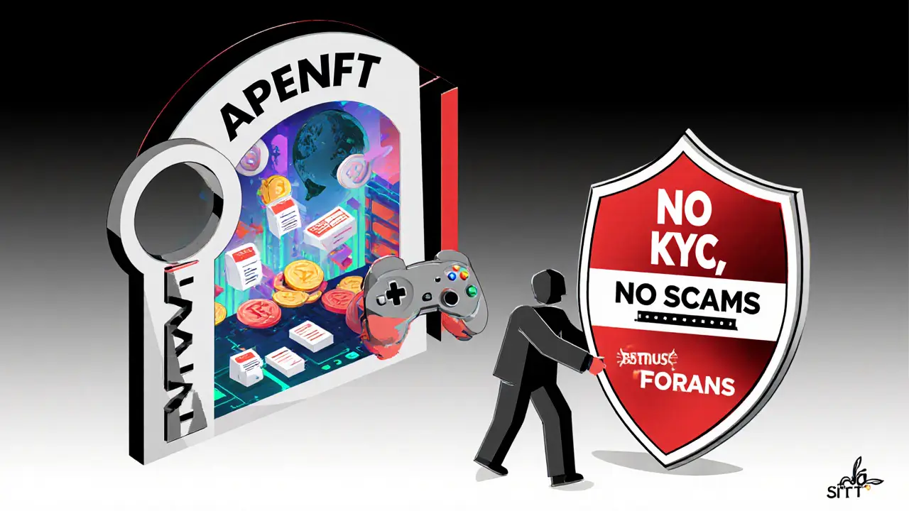 A giant key unlocking a portal to a digital NFT marketplace with a scammer blocked by a shield.