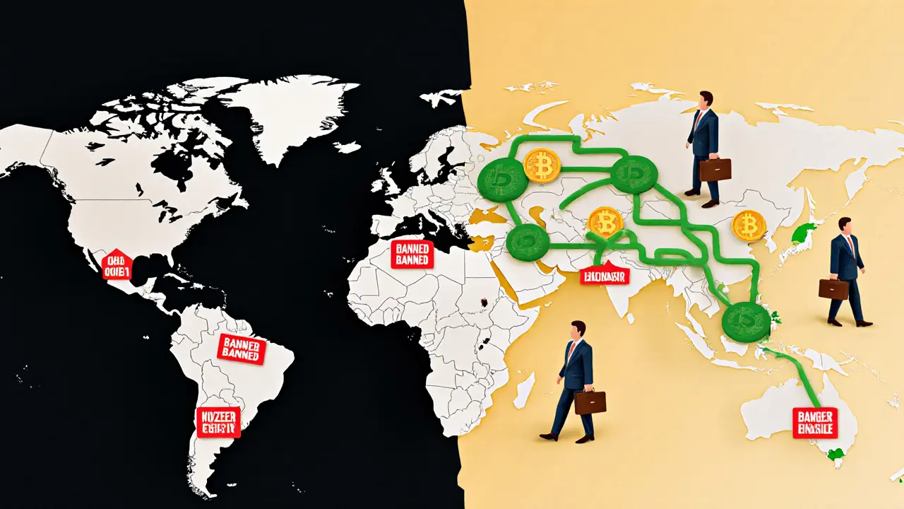 A global map shows banned countries in red and crypto-friendly ones in green.