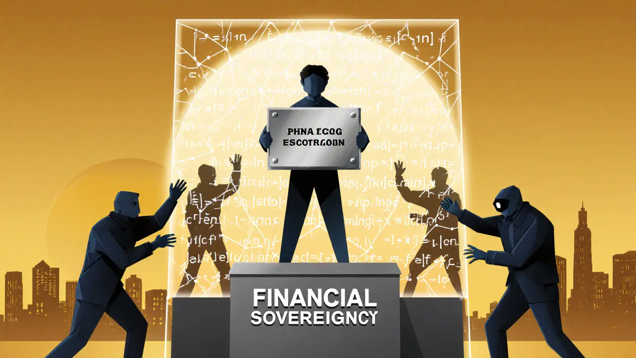 A person holding a metal recovery phrase plate on a pedestal of financial sovereignty, blocking shadowy entities.