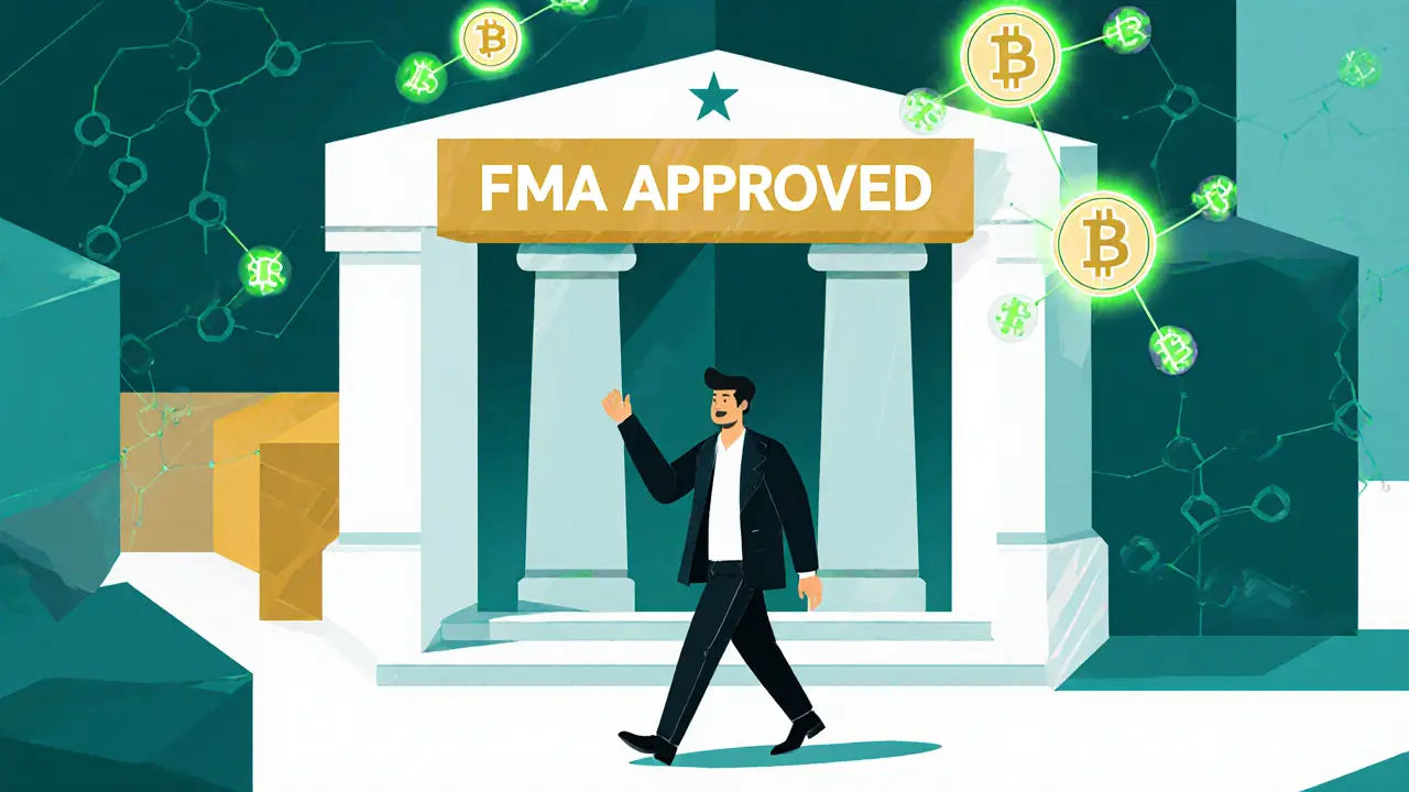 A trader enters a regulated bank in Liechtenstein with glowing blockchain symbols.