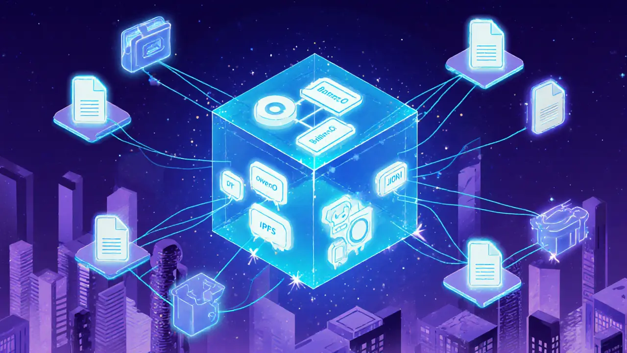 A transparent smart contract cube with glowing functions connects wallets and IPFS metadata in a geometric digital ecosystem.