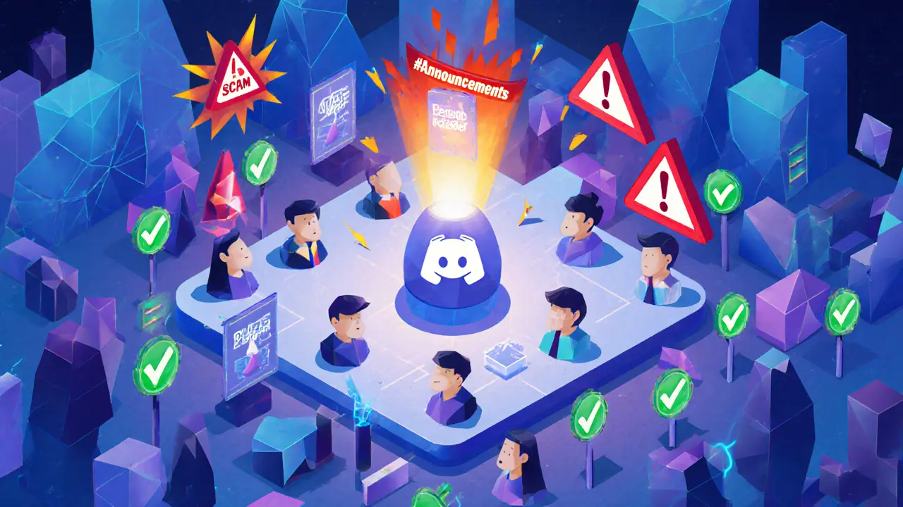 Abstract Discord server landscape with warning signs and active user badges in geometric style.
