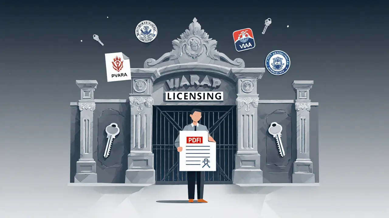 Applicant holding EoI document before PVARA gate with international regulator icons as keys.