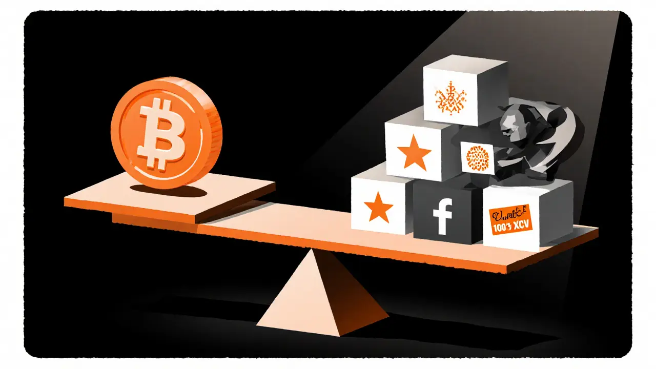 Balance scale with XCV token versus user actions, warning figure looming nearby.