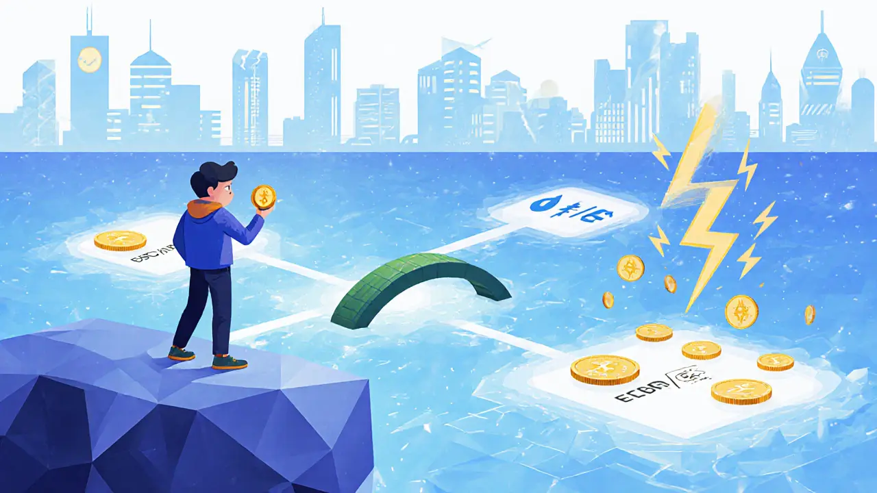 Beginner choosing between safe stablecoin pool and risky volatile pool in geometric DeFi landscape.