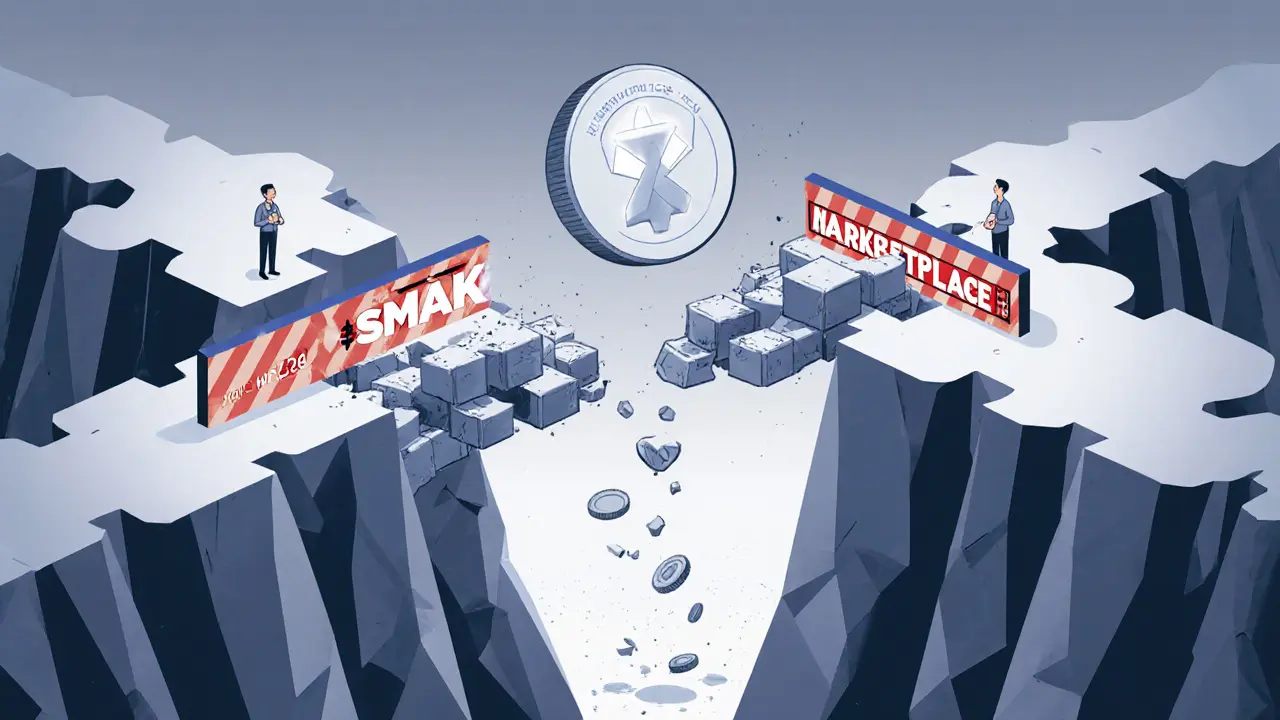 Broken blockchain bridge over an empty marketplace with a falling SMAK token.