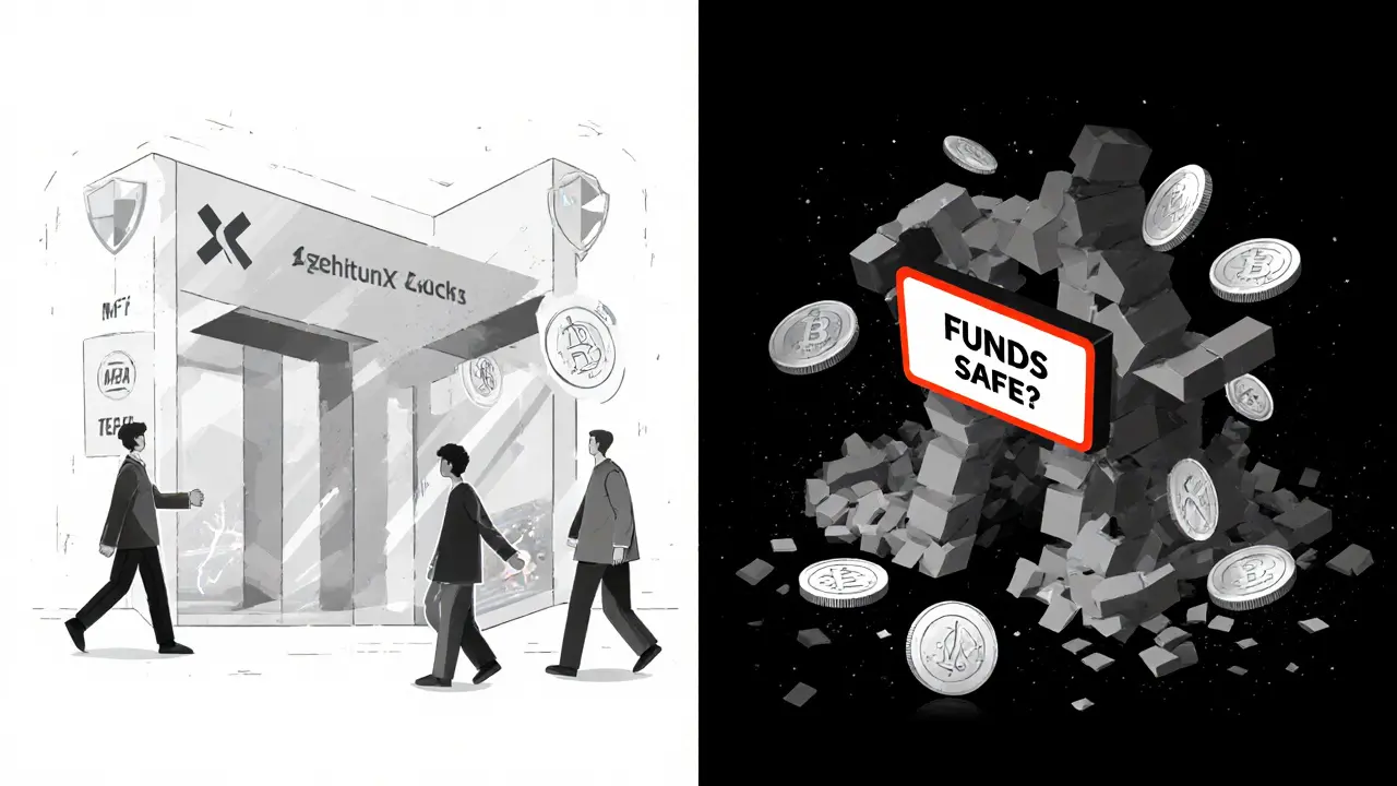 Contrasting safe exchange vs. collapsing XeggeX structure with users walking away.