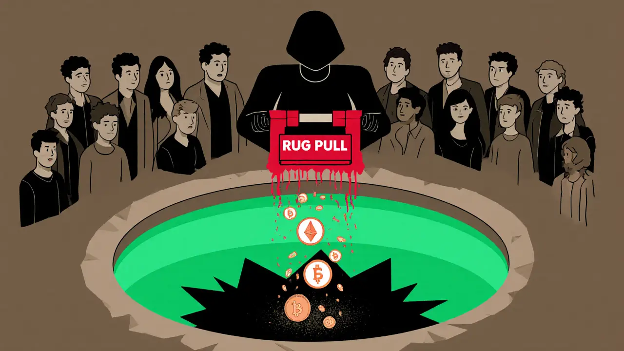 Dark figure pulling a rug lever while users lose tokens to a draining liquidity pool.